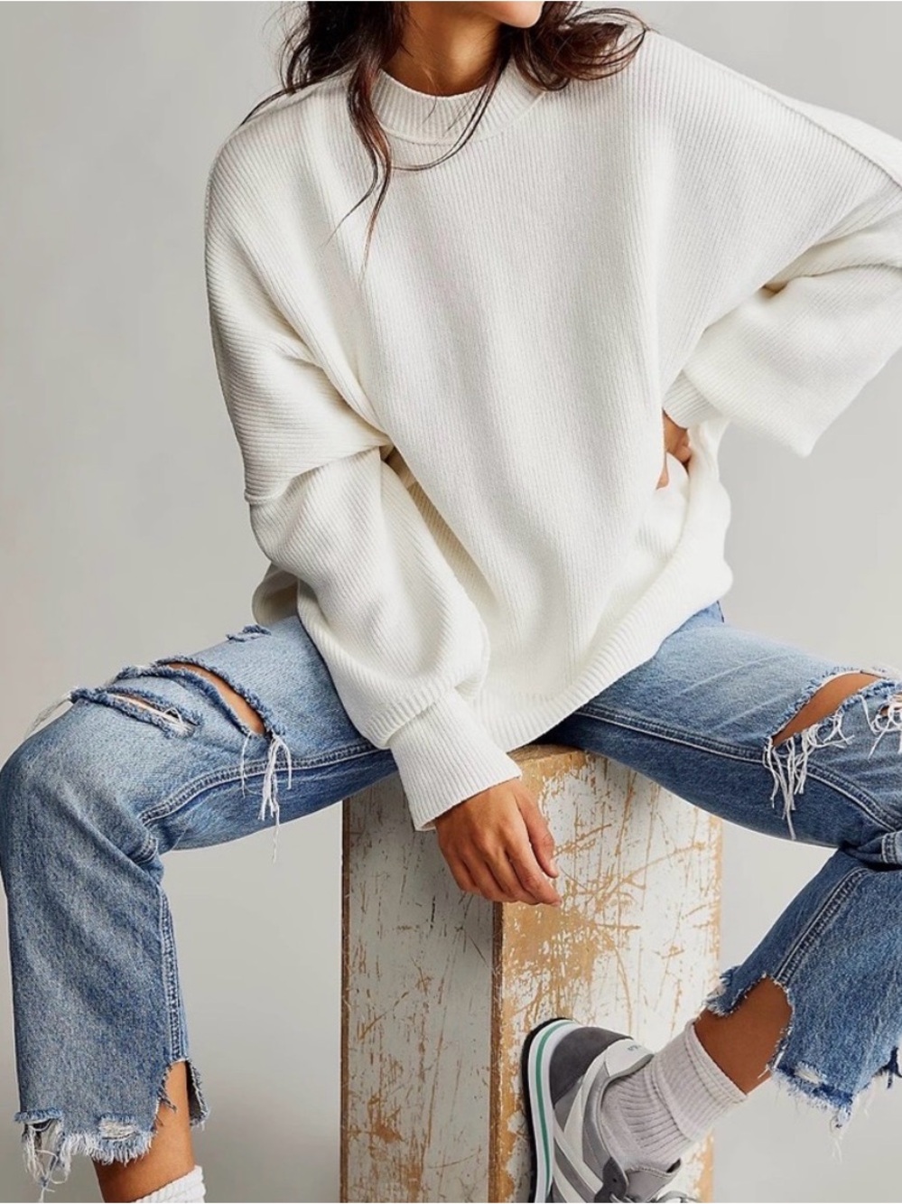 Free People Easy Street Tunic Sweater Ivory Oversized Mock Neck Side Slit L